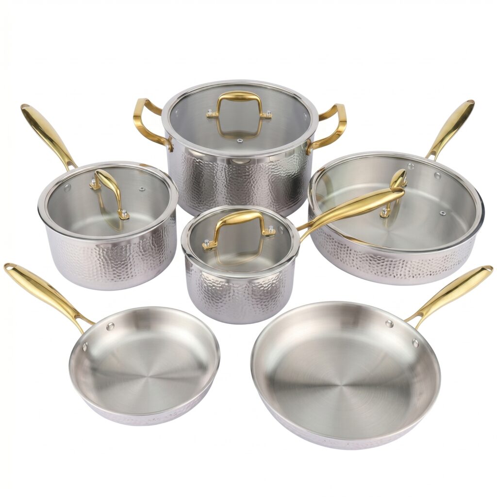 Cookware Sets插图2 3-Ply Pan and Pot Cookware Set, Hammered Finish, 4/10 Piece