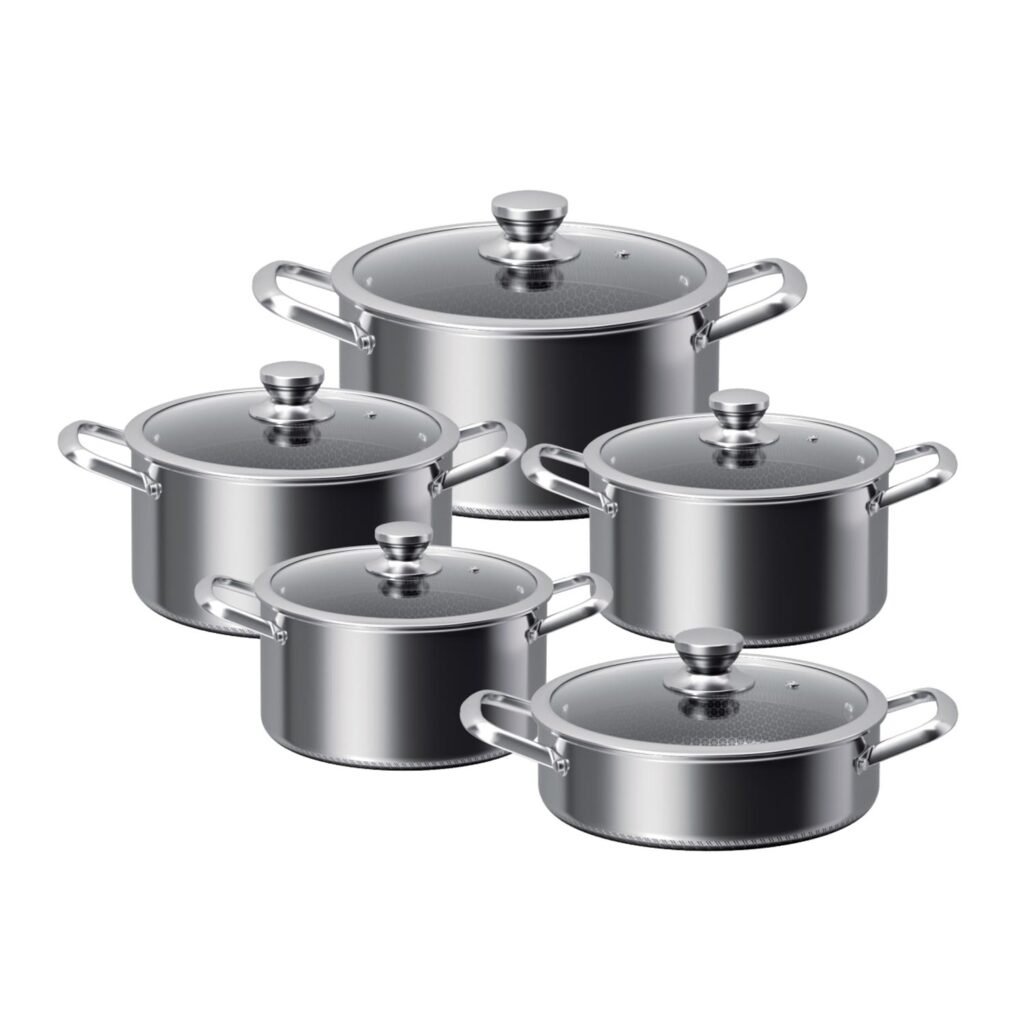 Cookware Sets插图1 Tri-Ply Stainless Steel Cookware Set, Honeycomb Non-Stick Technology, 10 Piece