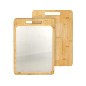 Dual-Sided Chopping Board, Stainless Steel, Organic Nanzhu Bamboo, DCB06