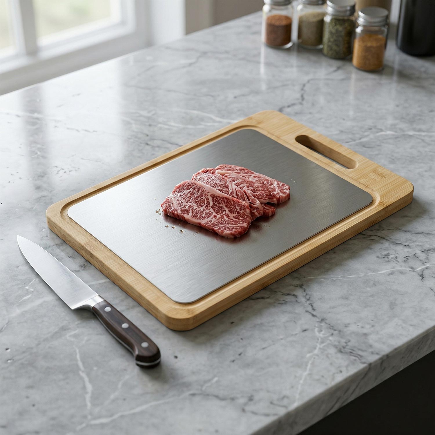 Dual-Sided Chopping Board, Stainless Steel, Organic Nanzhu Bamboo, DCB06