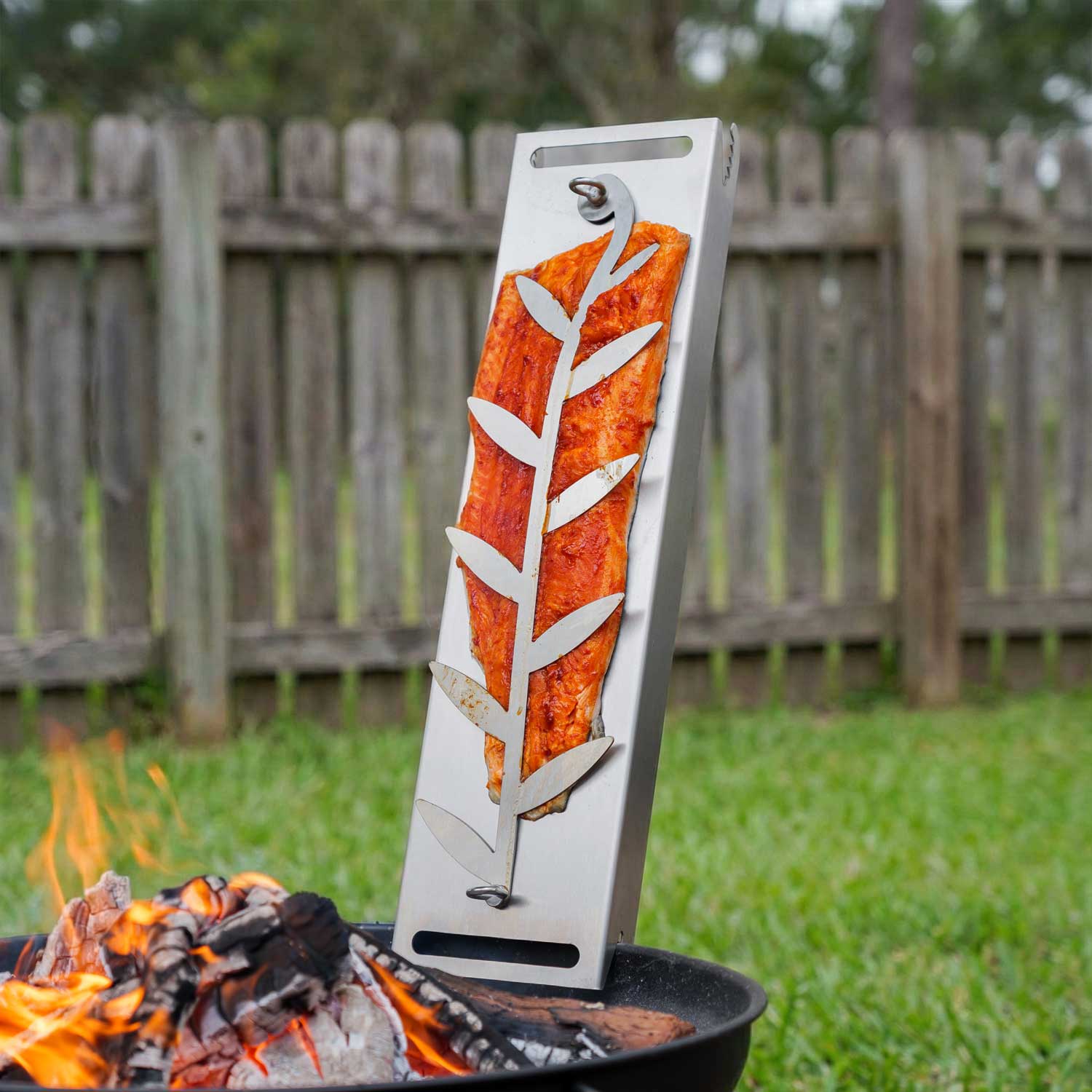 Stainless Steel Flame Salmon Board with Leaf-shaped Holder, Flammlachsbrett, FSB08