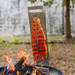 Stainless Steel Flame Salmon Board with Fish-Bone Holder, Flammlachsbrett, FSB07